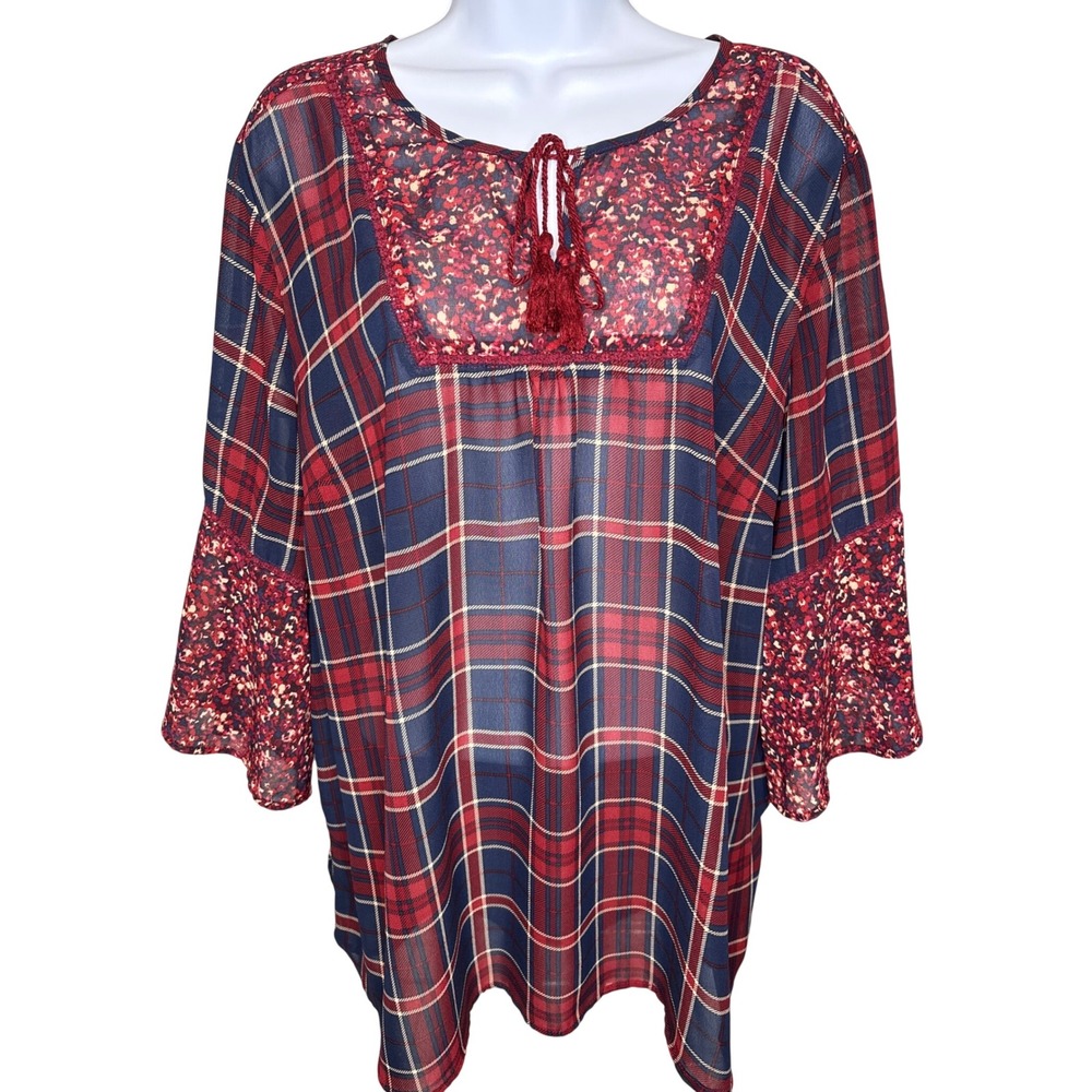 Catherines Womens Red Plaid Chiffon Blouse Sz 1XWP Flowy Boho Mixed Print Top